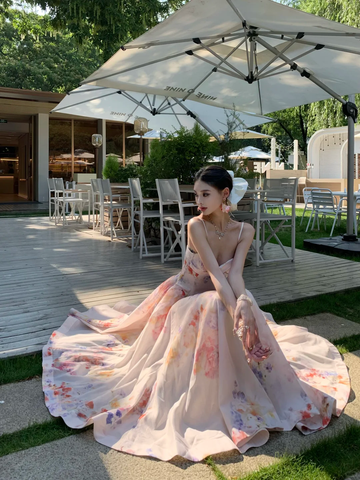Gentle Pink A Line Spaghetti Strap Print Floral Satin Prom Dress Party Dresses HZ1023